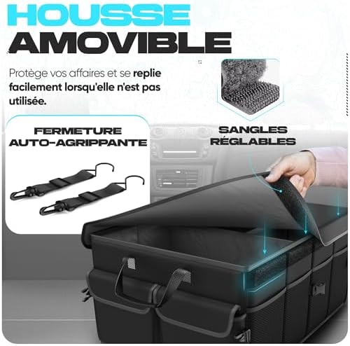 Organiseur de coffre de voiture, pliable, plusieurs compartiments, rangement pliable pour accessoires de voiture, fond antidérapant, sangles de sécurité, couvercle souple, 50 L (Noir, Standard)