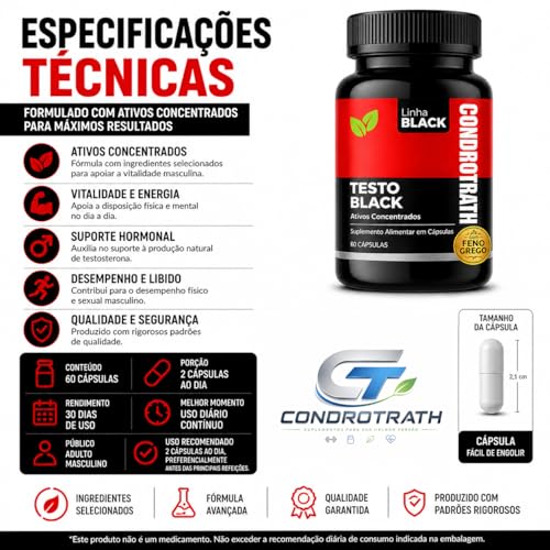 Testo Black Suplemento Alimentar Masculino 60 Cápsulas Aumento Libido Energia Vitalidade de Forma Natural Performance Masculina