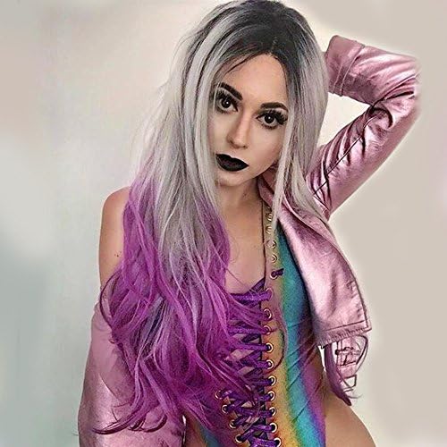 Long Wavy Wig Purple Ombre Hair Synthetic Middle Part Wigs for Women Dark Roots 3 Tone Natural Hair Wigs