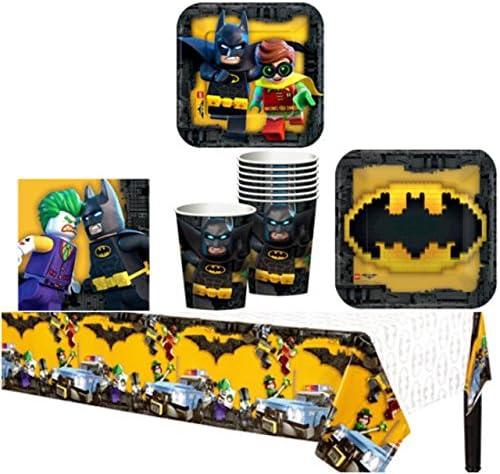 Lego Batman Birthday Party Supplies Pack for 8 Guests - Lunch Plates, Dessert Plates, Lunch Napkins, Cups, and a Table Cover