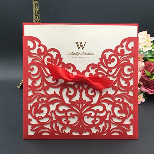 20pcs Laser Cut Wedding Invitation Cards Hollow Wedding Party Printable Invitation Cards Ribbon with inner sheet+Envelope Blank (Red)