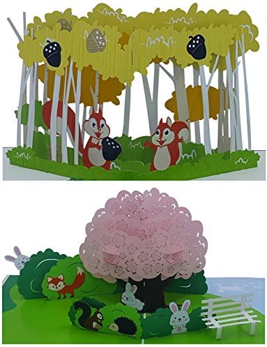 3D Birthday Cards - 2 Pieces (Motifs: Hare in Landscape & Squirrel in Landscape) - pop-up Cards - Handmade - Inclusive Envelope and Protective Cover - Greeting Card, Congratulation Card, Gift Card