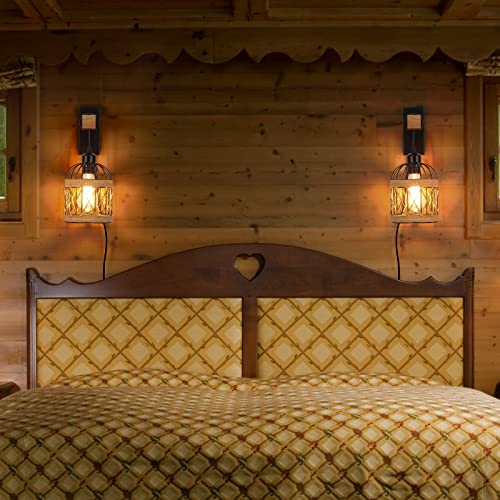 HOTRAN Plug in Wall Sconces Set of Two, Farmhouse Wall Lamps for Bedrooms Set of 2, Rustic Wall Mounted Lights for Bedside, Living Room, Sconces Wall Lighting Fixtures with 60inch On/Off Switch Cord