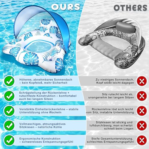 Air Mattress Pool for Adults with Adjustable Sun Canopy (Blue) | Tanning Pool Chair with Drink Holders and Armrest, Lounge Swimming Chair for Summer Party & Beach