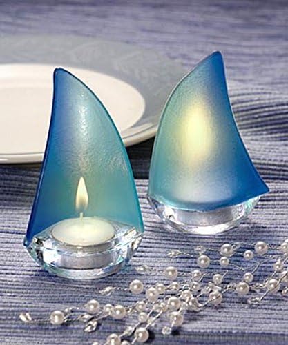 Sailboat Tea Candle Set of 2 Frosted Aqua and Clear Glass