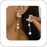 Bethynas Gold Dainty Rhinestone Heart Long Tassel Earrings Elegant Pearl Drop Earrings Sparkly Pearl Dangle Earrings for Women