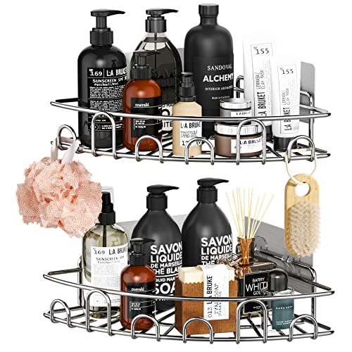 HapiRm Corner Shower Caddy with Hook, Bathroom Organiser Storage Shampoo Holder Shower Shelf No Drilling 6 Strong Adhesive Included, Stainless steel