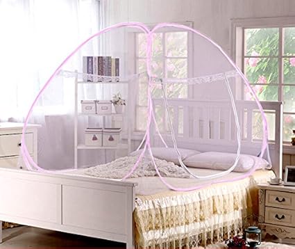 Pindia Mosquito Net Single Bed Foldable White (Pink Border)