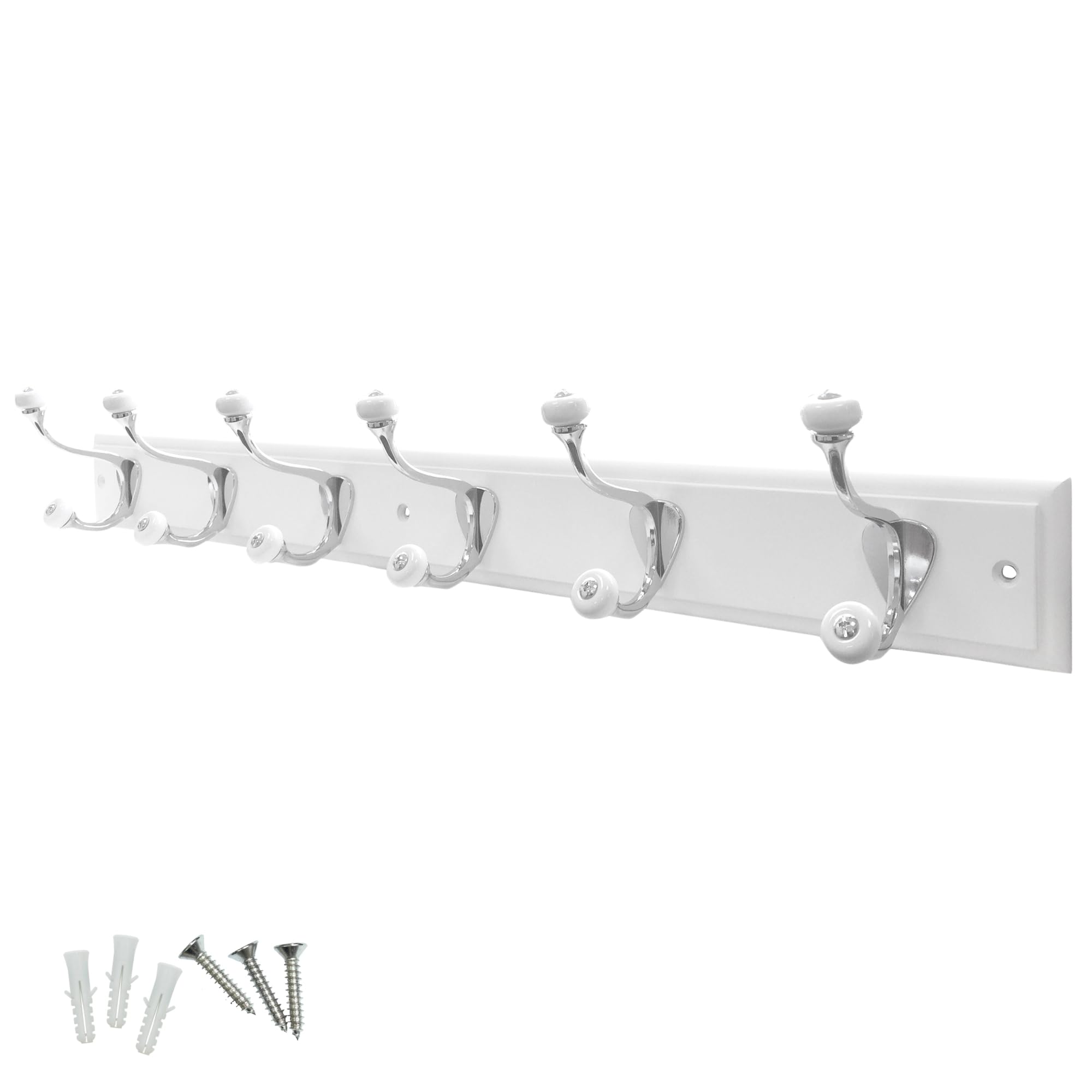 Keypak 6 Hook White Wooden Wall Mounted Coat Rack with 6 Ceramic Tip Coat Hooks - Heavy Duty Wooden Board for Coats, Hats, Bags, Tools Space Saving Wall Storage Organiser, Fixings Included