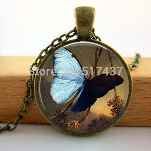 Pretty Lee 2015 New Fashion Glass Dome Pendant For Jewelry Indigo Blue Butterfly Necklace Butterfly Pendant Art Glass Necklacejewellery