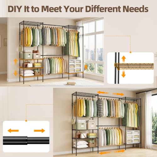 UEAKPIC Heavy Duty Garment Clothes Rack Wire Load-bearing 1000LBS-Black | Adjustable Freestanding Expandable Clothing Rack 4 Tier with 4 Hanging Rods, 15.7"Dx(70.9"-90.6")Wx76.8"H for Bedroom Laundry