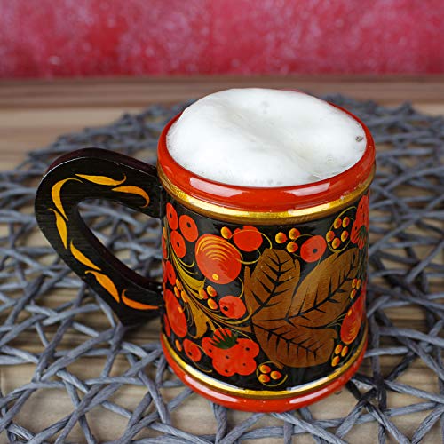 Khokhloma-Bierkrug-Hand-Made-in-Russland-Traditionelles-Geschirr-Vintage-Retro-Klassiker-Hohloma-gemalt-sowjetischen-Volkskunst-Geschenk-Naturholz-lackiert