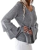 Romacci Women Winter Knited Sweater Casual V Neck Chic Layered Ruffle Bell Sleeve Loose Pullover Top