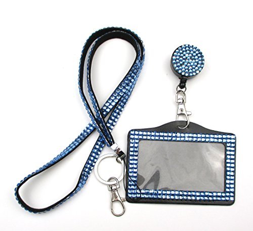 ALL in ONE Rhinestone Lanyard Bling Crystal Necklace + Badge Reel + Horizontal Card Holder for Business Id/key(BLUE)
