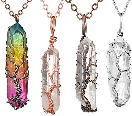 Wire Wrapped Clear Quartz Tree of Life Pendant Necklace Natural Raw Rainbow Stone Healing Crystal Necklace Pendant for Women Girls
