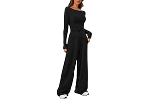 Doreyi Women's Fall Two Piece Outfits Asymmetrical Long Sleeve T Shirt Wide Leg Pants Lounge Sets for Women Casual Tracksuit