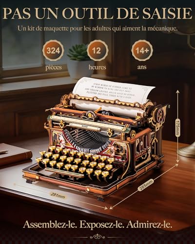 ROKR 3D Wooden Puzzle Mechanical Writing Machine Model DIY Construction Kit for Adults Retro Office Decoration Mechanical Typewriter (Magic Version) LK703C