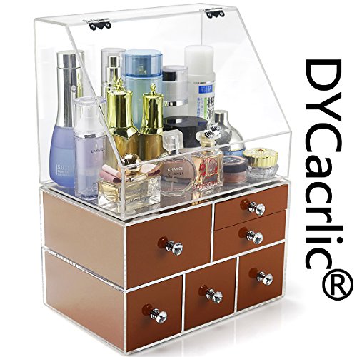 Clear Large Acrylic Makeup Storage Organizer With Big Box 6 Drawers for Counter, Bathroom Vanity Makeup Storage Box With Dustproof Lids For Girls/Women(Brownish Red)