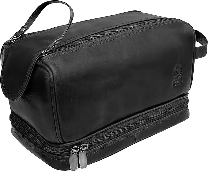 Rustic Town Genuine Leather Dopp Kit – 10.5x5x6 Inch Toiletry Bag, Dual Zipper Compartments