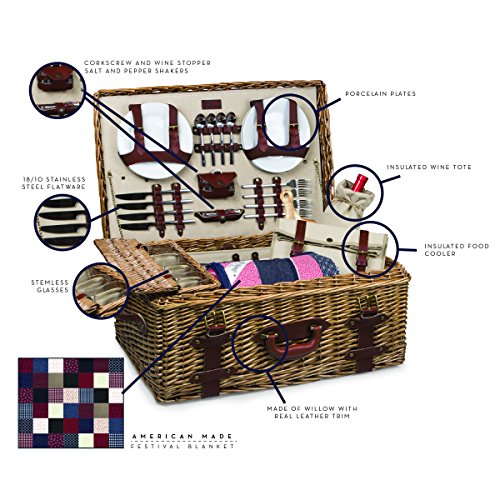 PICNIC TIME Charleston Luxury Wicker Picnic Basket for 4 with Blanket