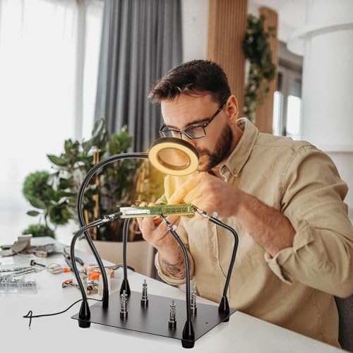 PFUTURE Helping Hands Soldering Station with 6X LED Magnifier – Third Hand Tool with 4 Magnetic PCB Holders, Flexible Arms, Non-Slip Weighted Base for Electronics Repair, Crafts, Jewelry, DIY
