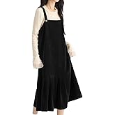 chouyatou Women's Cute Ruffle Corduroy Pinafore Overall Dress Pleated Flared Mid long Bib Jumper Dress