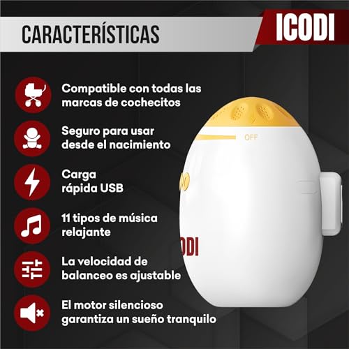 ICODI Baby Rocker Harmony - Automatic Rocking Chair for Baby Hammock with Bluetooth, Universal Baby Rocker for Stroller and Crib with Soothing Sounds, USB-C Rechargeable 1200mAh, Adjustable Swinging