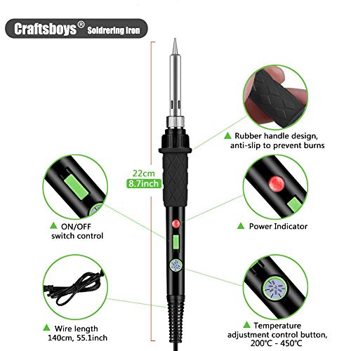 Craftsboys Soldering Iron Kit Electronics, 60W Adjustable Temperature Welding Tool, 5pcs Soldering Tips, Desoldering Pump, Soldering Iron Stand, Tweezers