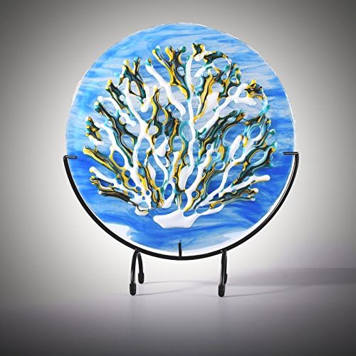 Beach Themed Fused Glass Coral Art Round Panel with Stand