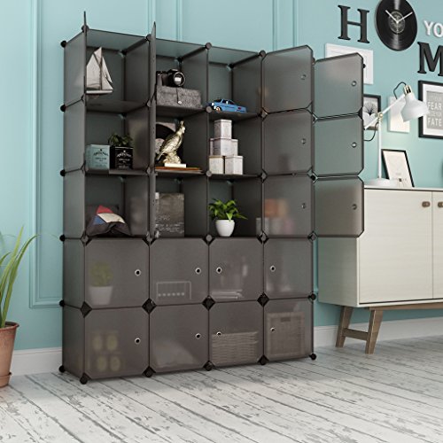 LANGRIA 20 Cubby Shelving Storage Cube Organizer Wardrobe Modular Closet Plastic Cabinet, Drawer Unit, DIY Modular Bookcase Closet System with Doors for Clothes, Shoes, Toys Transparent Brown