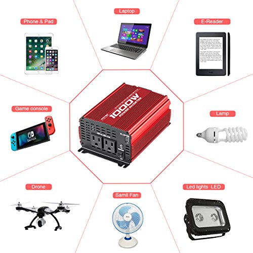 POTEK 1000W Power Inverter DC 12V to AC 110V Car Inverter Dual AC Outlets with 2A USB Output
