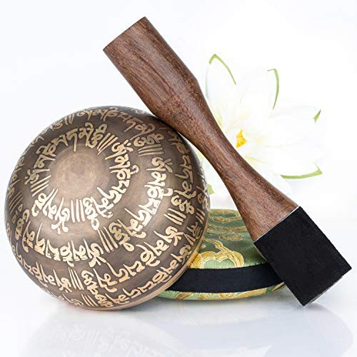 Silent Mind ~ Tibetan Singing Bowl Set ~ Peace Mantra Design ~ With Dual Surface Mallet and Silk Cushion ~ Promotes Peace, Chakra Healing, and Mindfulness ~ Exquisite Gift