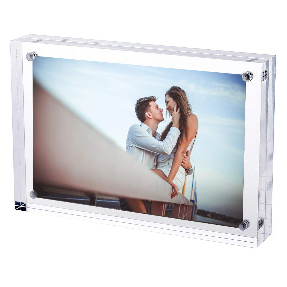TRIXES Magnetic Acrylic Photo Frame, 6 x 4 inch Picture Frame, 10 x 15cm Double Sided Freestanding Display Block, Clear Transparent, 2cm Thick