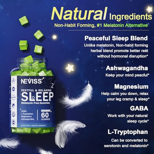 NEVISS Melatonin Free Sleep Aid Gummies for Adults - Magnesium Glycinate Gummies | GABA, L-Tryptophan, Magnesium, Ashwagandha - Non-Habit Forming, Help for Deep Relaxation - Vegan, Lemon Flavor, 2Pack