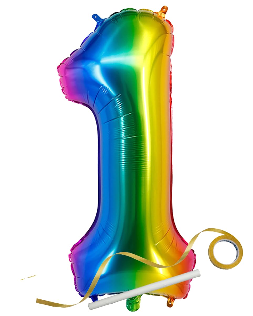 Photo 1 of 40inch Rainbow Number 1 Balloon Helium Balloon 1 Self-Sealing Birthday Decorations Anniversary Party Décor with Straw and Ribbon (Rainbow1)