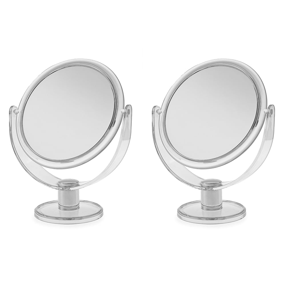 Blue Canyon Free Standing Small Round Plastic Cosmetic Mirror | Magnifying Make Up | Dressing Table Mirror 1X / 2X (Pack of 2)