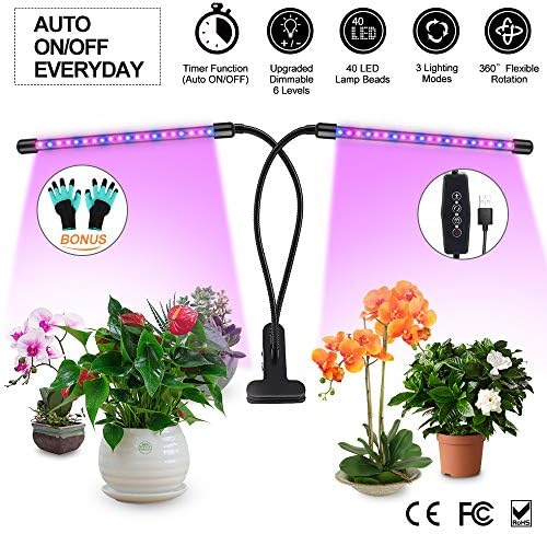 Grow Light,20W Auto ON/Off Grow Lamp Dual Head 40 LEDs Timing for Indoor Plants 3/6/12H Timer 6 Dimmable Levels (Dual Head LEDs)