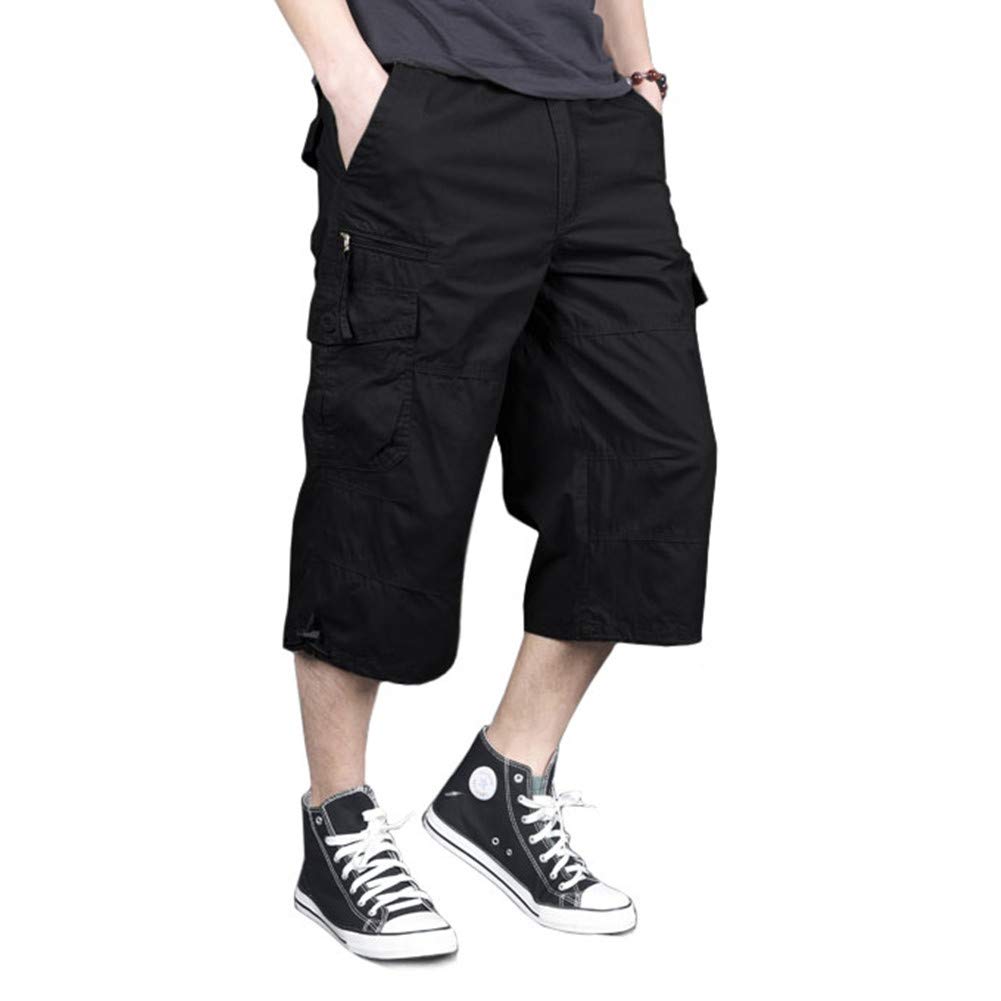 Photo 1 of MAGNIVIT Mens Capri Long Twill Elastic Cargo Shorts Below Knee 3/4 Cargo Shorts Cotton Relaxed Fit Casual Multi-Pocket Black 40