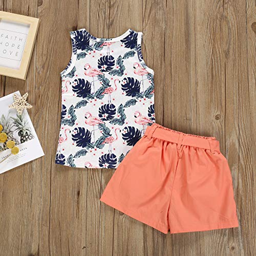 Toddler Baby Girl Flamingo Outfits Palm Print Vest Tank Top+Bows Waistband Shorts Pants Summer Outfits Set (Flomingos Brown, 4-5 Years) - Thumbnail 2