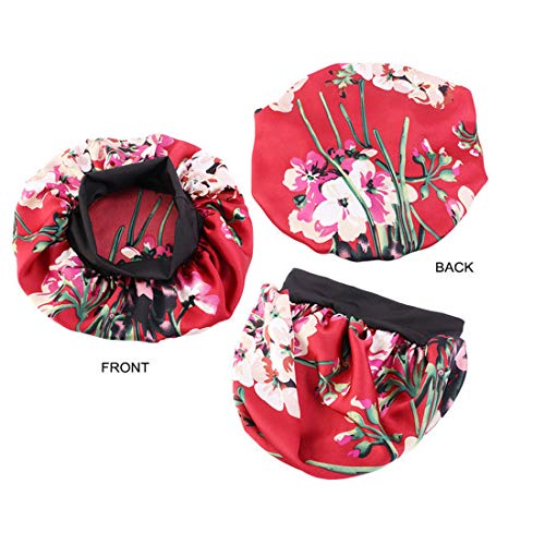 Satin Bonnet Sleeping Cap Women Wide Elastic Band for Curly Long Hair 2pcs (Black+Wine Red)