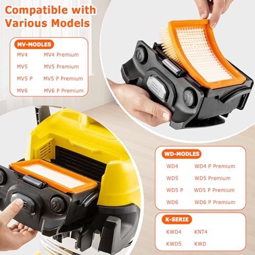 4 pieces for Kärcher vacuum cleaner filters, for Kärcher WD4 WD5 WD6 MV4 MV5 MV6 multi-purpose vacuum cleaner with 1 brush, flat fold filter for vacuum cleaner accessories for Karcher wet, multi-purpose vacuum cleaner replacement