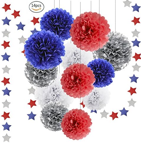 Blue Watermelon Red Bridal Shower Decorations-14 pcs of Navy Blue Watermelon Red White Silver Tissue Paper Pom Pom Twinkle Star Garland Blue Red Themed Party Wedding Flag Day Decoration Party Supplies