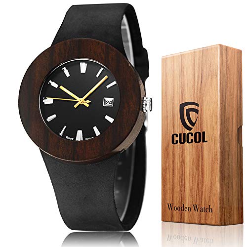 CUCOL Women Ladies Date Wood Handmade Cowhide Leather Strap Watch Wooden Case Analog Quartz Wristwatch