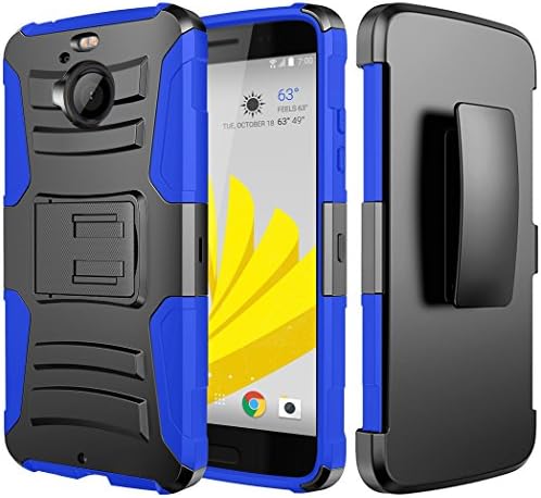 HTC Bolt Case, JATEN [Belt Clip] Rugged Hybrid Dual Layer Kickstand Holster Combo + Tempered Glass Screen Protector (Black/Blue)