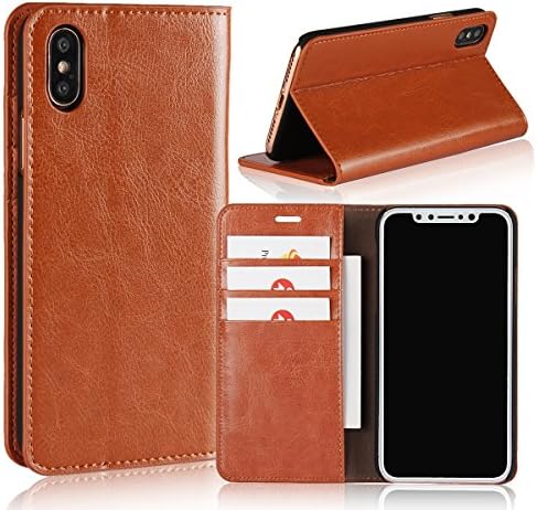 iPhone X Case, Genuine Leather iPhone X Wallet Case Book Design With Flip Cover and Stand [Credit Card Slot] Magnetic Closure Case For iPhone X - Brown