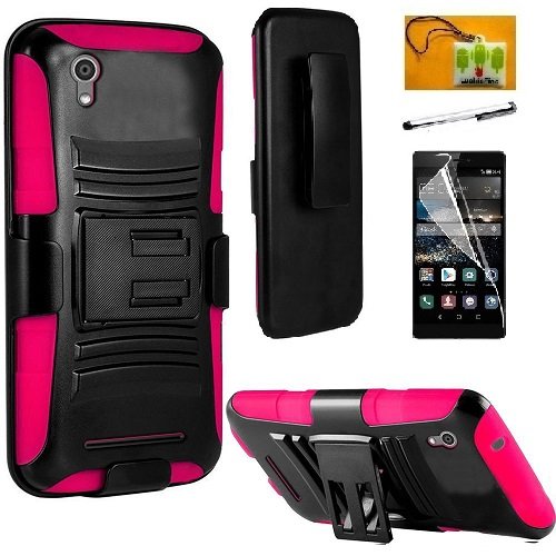 Huawei Pronto LTE H891L Case, Huawei Vision 3 LTE Case, Luckiefind Hybrid Armor Stand Case with Holster and Locking Belt Clip, Stylus Pen, Screen Protector (Holster Pink)