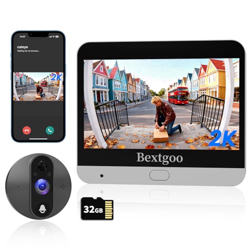Bextgoo Mirilla Digital Puerta WiFi, 2K Videoportero con Monitor 4,3", Tarjeta 32GB, Batería 8000mAh, Gran Angular 170°, Detección IA, Audio Bidireccional, Visión Nocturna, para Pisos y Casas