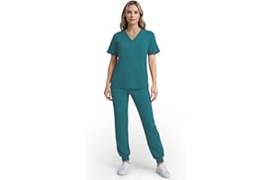Eipnare Scrubs for Women Set, Stretchy V-Neck Top & Jogger Pants with Multi-Pocket Yoga Waistband