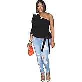 Ekaliy Women Sexy One Shoulder Sleeveless Bodycon High Low Asymmetrical Ruffle Tunics Blouse Shirt Top Dress