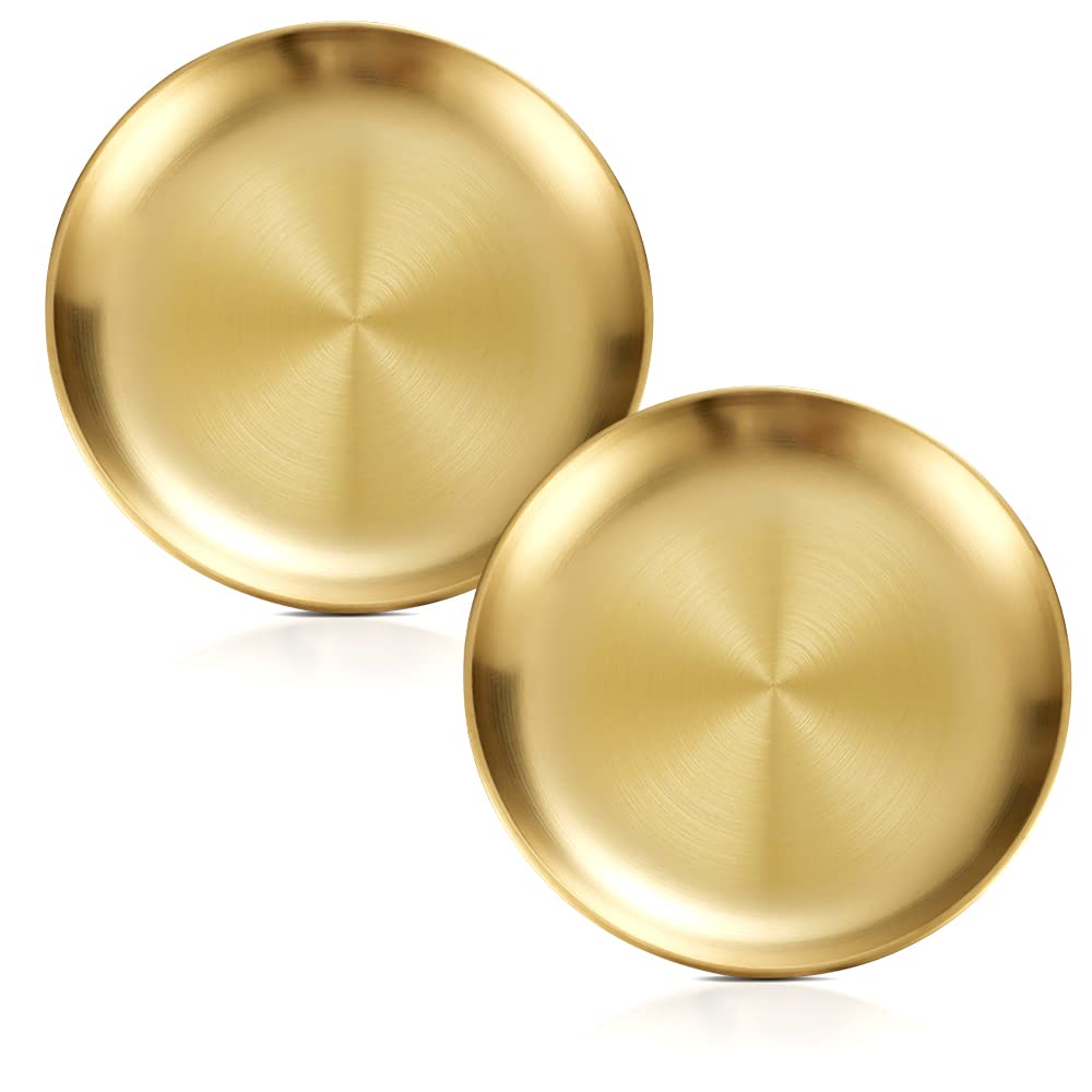 Betinyar 2 Pieces 6.7 Inch Stainless Steel Plates, Stainless Steel Round Metal Plates, Metal Dinner Dishes for Dinner, Camping, Outdoor (Gold, 17cm)